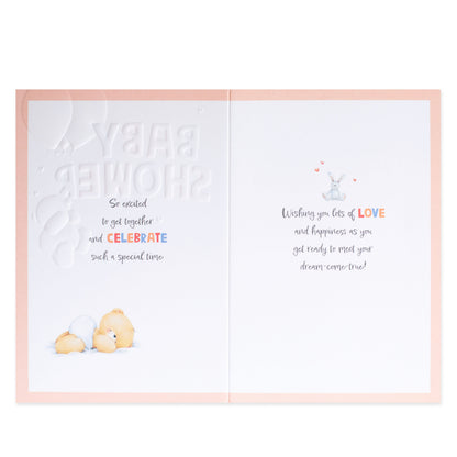 Hallmark Forever Friends Baby Shower Card - Little Arrival open view featuring embossed text and cute chick illustrations.