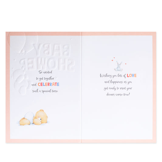 Hallmark Forever Friends Baby Shower Card - Little Arrival open view featuring embossed text and cute chick illustrations.
