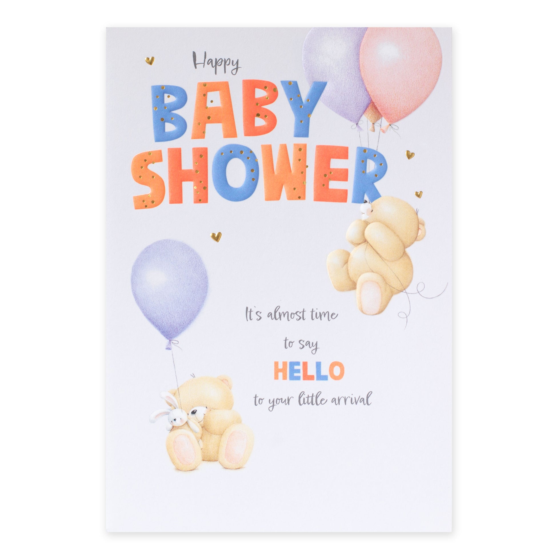 Hallmark Forever Friends Baby Shower Card - Little Arrival featuring baby bears and balloons in soft pastel colours, front view.
