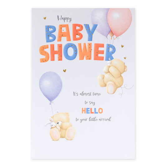 Hallmark Forever Friends Baby Shower Card - Little Arrival featuring baby bears and balloons in soft pastel colours, front view.