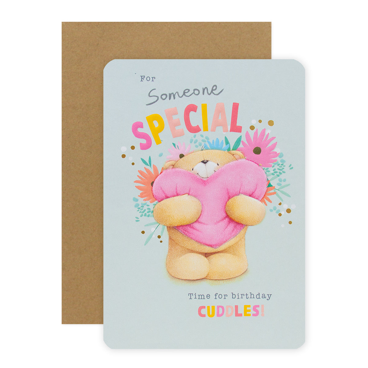 Hallmark Forever Friends Birthday Card - Someone Special with a bear holding a pink heart on a pastel blue background, flat lay view.