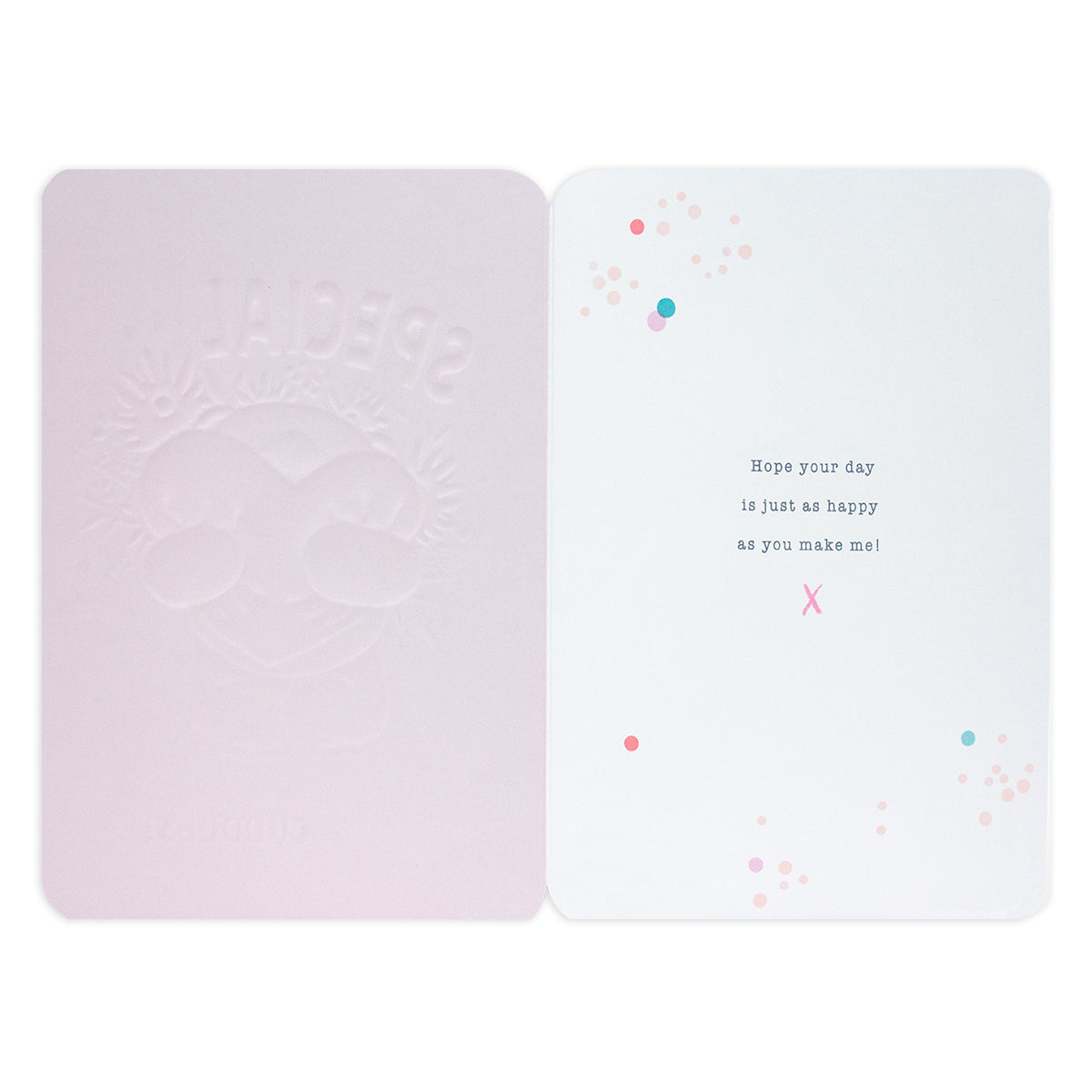 Hallmark Forever Friends birthday card - Someone Special with embossed 'SPECIAL' text and colourful spot illustrations inside.