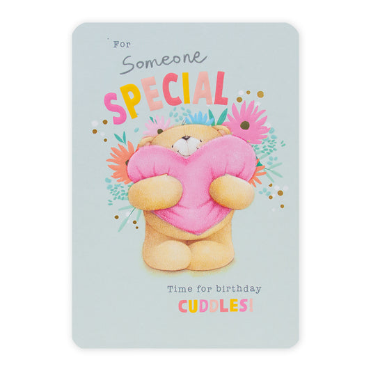 Hallmark Forever Friends Birthday Card - Someone Special, colourful design, featuring a bear holding a heart, embossed details.