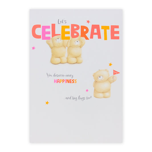 Hallmark Forever Friends Celebration Card - Happy For You! featuring cheerful bears with neon colours and star motifs.