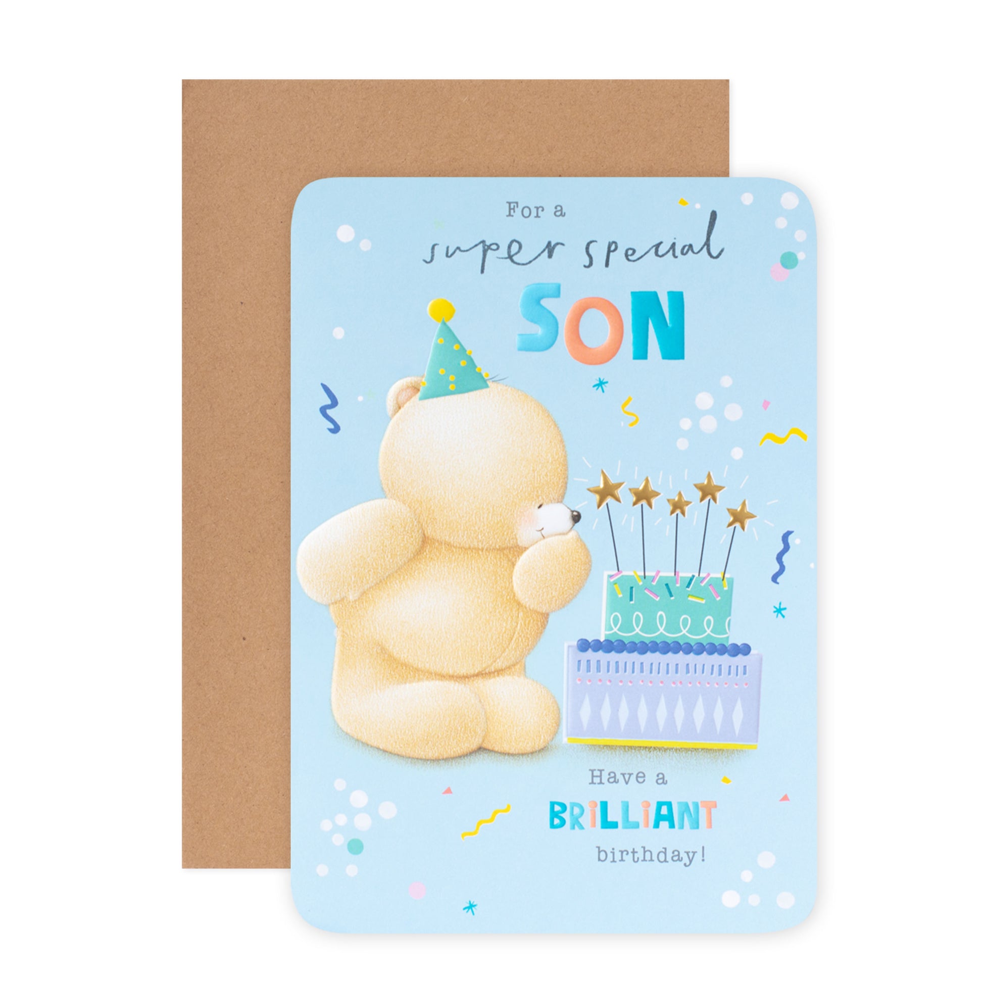 Hallmark Forever Friends Birthday Card for Son - Brilliant & Amazing featuring a bear in a party hat with a birthday cake, flat lay on blue background.