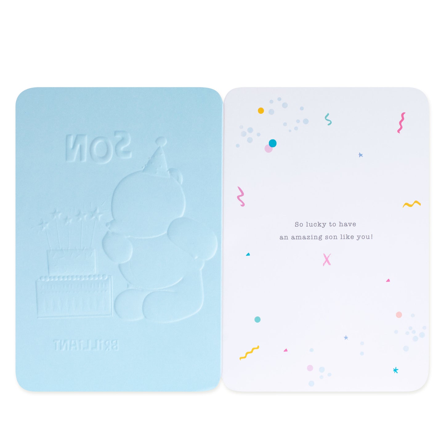 Hallmark Forever Friends Birthday Card for Son - Brilliant & Amazing featuring embossed bear and birthday cake design, pastel blue cover.
