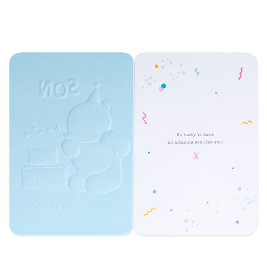 Hallmark Forever Friends Birthday Card for Son - Brilliant & Amazing featuring embossed bear and birthday cake design, pastel blue cover.