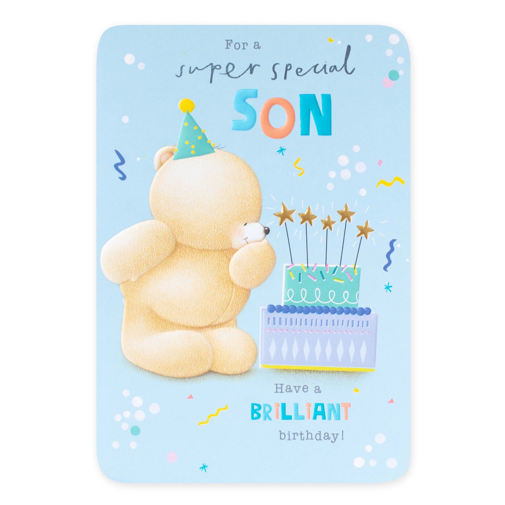 Hallmark Forever Friends Birthday Card for Son - Brilliant & Amazing featuring a bear in a party hat with a birthday cake and colourful confetti.
