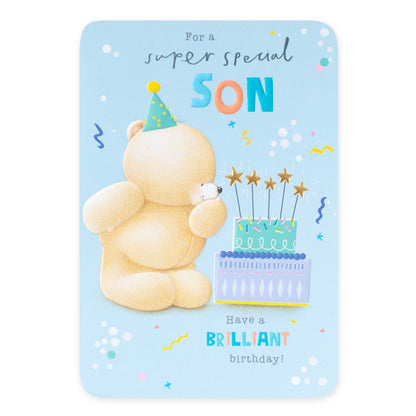 Hallmark Forever Friends Birthday Card for Son - Brilliant & Amazing featuring a bear in a party hat with a birthday cake and colourful confetti.