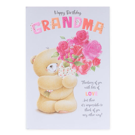 Hallmark Forever Friends Birthday Card for Grandma - Lots of Love, featuring a bear with roses, embossed details and bright colours.