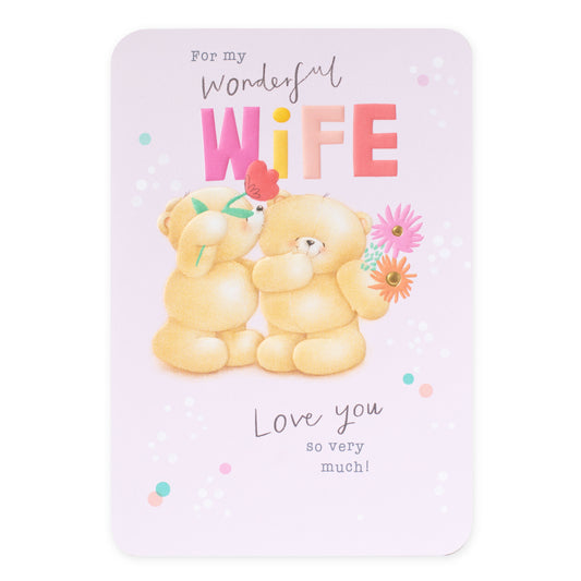 Hallmark Forever Friends Birthday Card for Wife - Best Wife Ever, pink card featuring bears with flowers and colourful dots, front view.