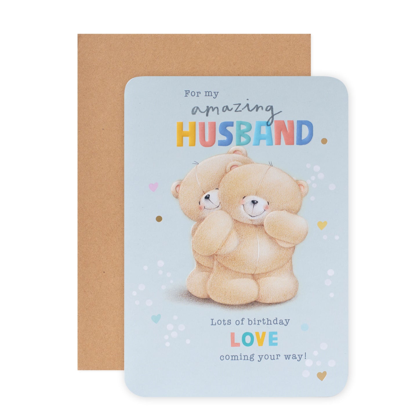 Hallmark Forever Friends Birthday Card for Husband - So Lucky featuring two bears hugging on a blue background with colourful text and heart details.