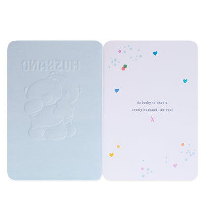 Hallmark Forever Friends Birthday Card for Husband - So Lucky, embossed design, pastel colours, open view showing inside message and illustrations.