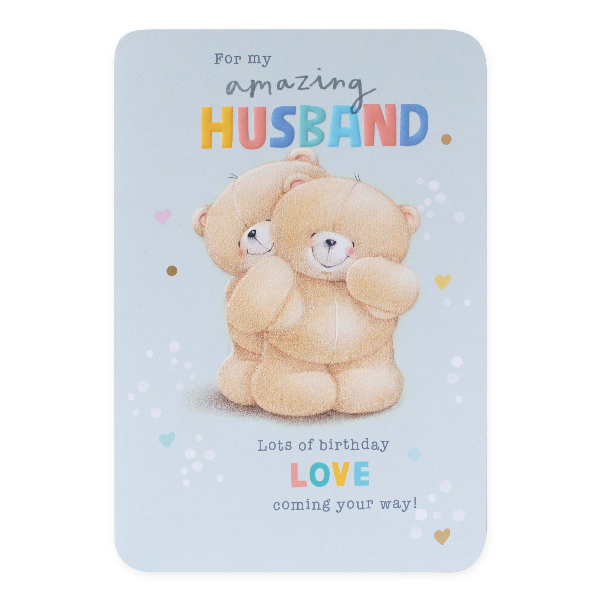 Hallmark Forever Friends Birthday Card for Husband - So Lucky features two hugging bears with colourful text and heart accents.