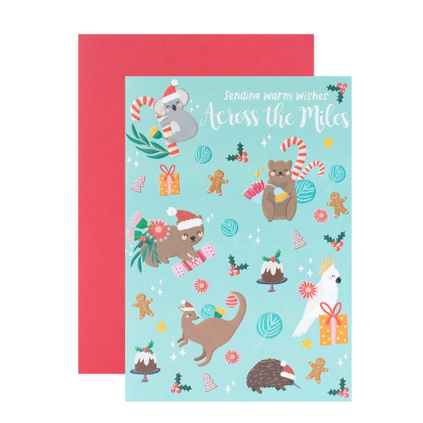 Hallmark x Christie Williams Christmas Card - Across The Miles featuring Australian animals with festive elements, embossed design, and bright colours.