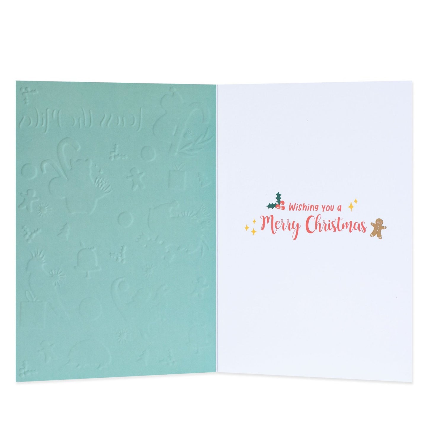 Hallmark x Christie Williams Christmas card - Across The Miles, featuring embossed teal interior and festive message inside.