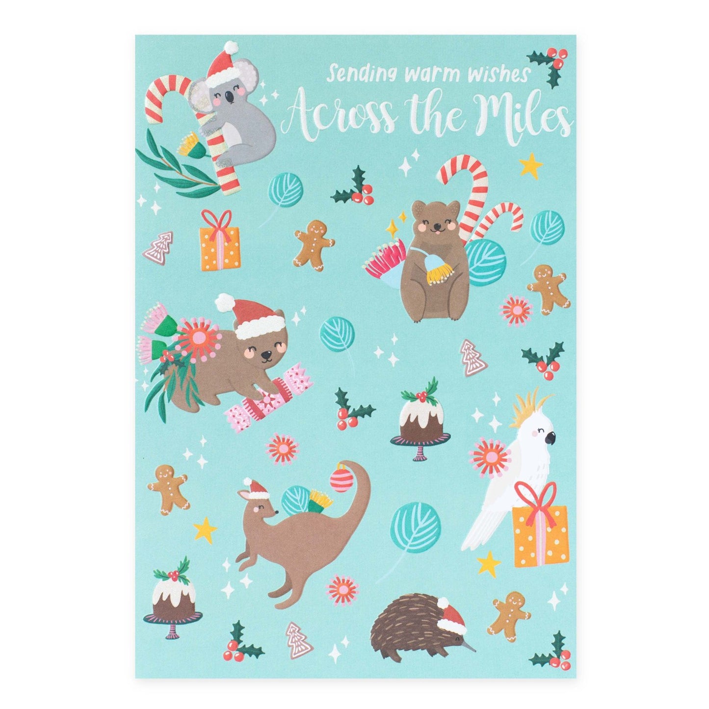 Hallmark x Christie Williams Christmas Card - Across The Miles featuring Australian animals in festive attire with vibrant illustrations on a teal background.