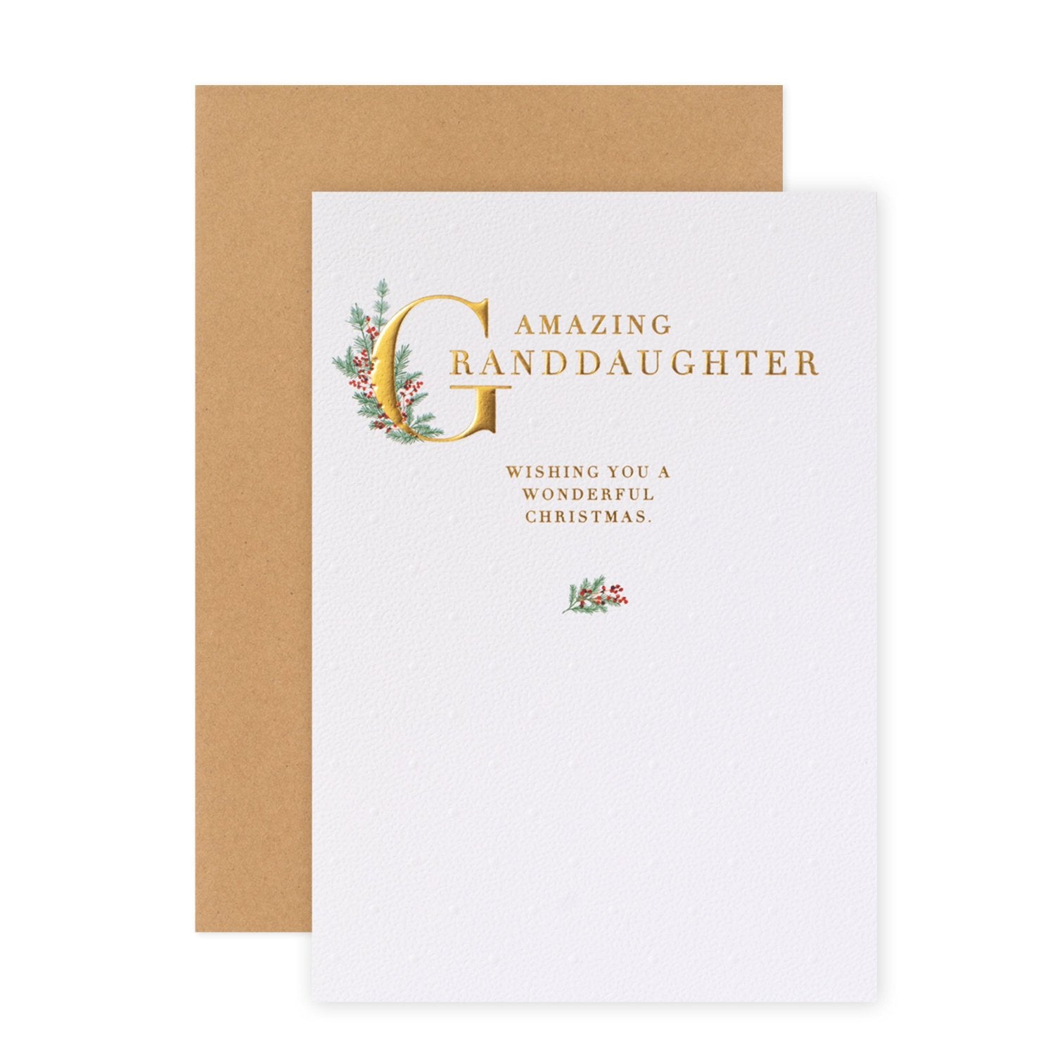 Hallmark Christmas Card For Granddaughter - With Love, embossed gold foil lettering, illustrations of holly, flat lay view.