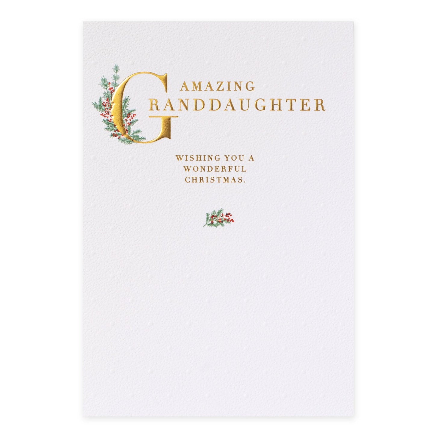 Hallmark Christmas Card For Granddaughter - With Love, textured white paper with gold lettering and holly illustration on the front.