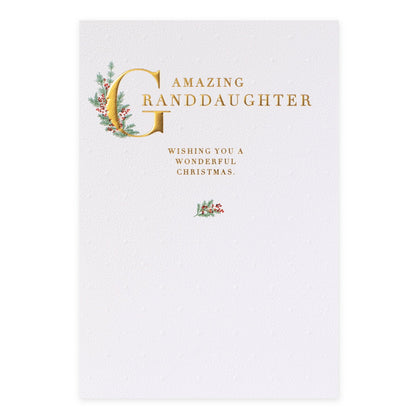 Hallmark Christmas Card For Granddaughter - With Love, textured white paper with gold lettering and holly illustration on the front.