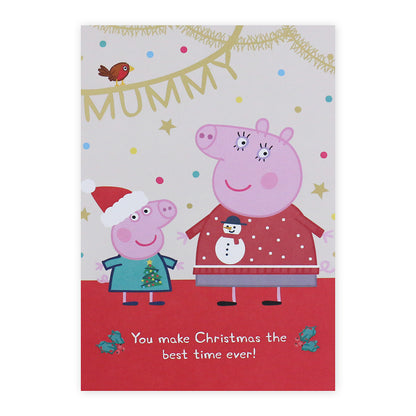 Hallmark Peppa Pig Christmas Card For Mummy - Best Time Ever featuring Peppa and Mummy Pig in festive attire with gold accents.