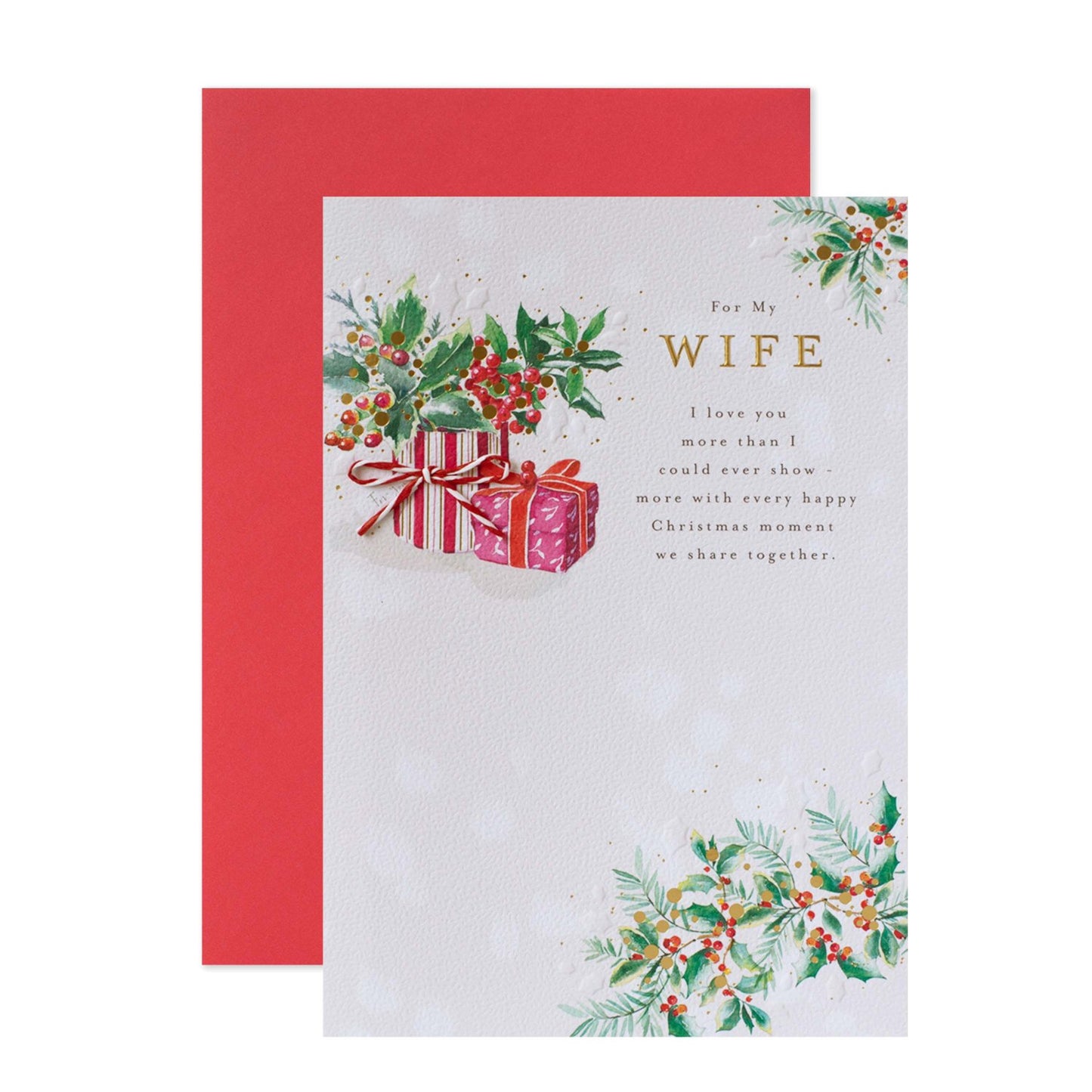 Hallmark Christmas card for wife - Every Happy Moment featuring embossed details, holly illustrations, and a red bow attachment.