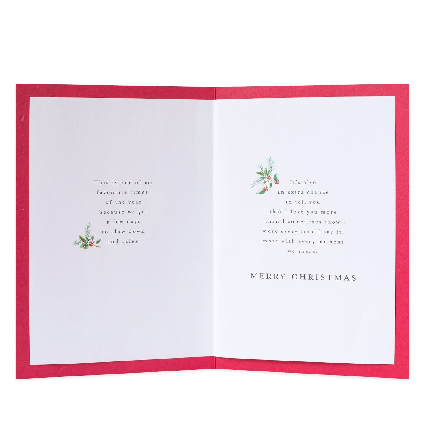 Hallmark Christmas card for wife - Every Happy Moment with red interior, heartfelt message and holly illustrations.