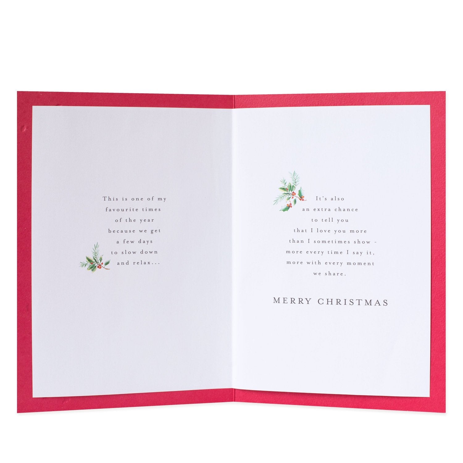 Hallmark Christmas card for wife - Every Happy Moment with red interior, heartfelt message and holly illustrations.
