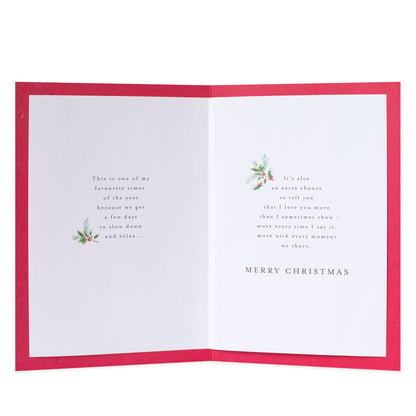 Hallmark Christmas card for wife - Every Happy Moment with red interior, heartfelt message and holly illustrations.