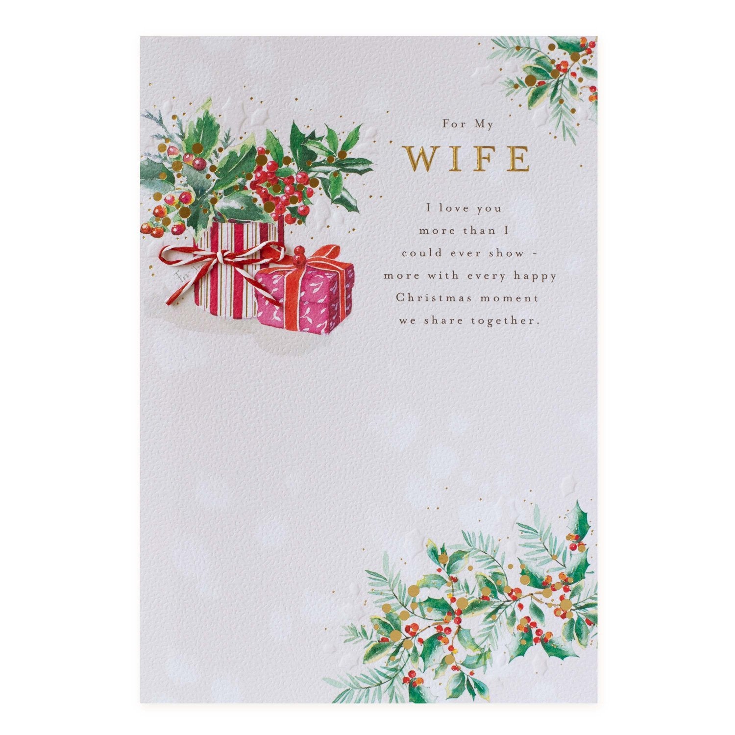 Hallmark Christmas card for wife - Every Happy Moment with embossed details and festive holly illustrations.