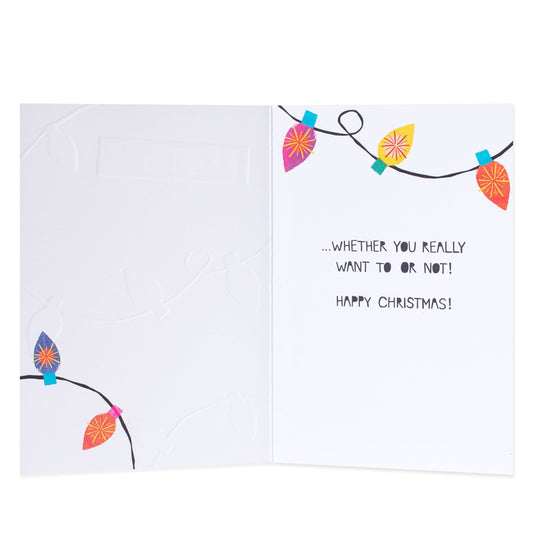 Hallmark Christmas card for brother - festive lights, interior design with colourful light illustrations and humorous text.