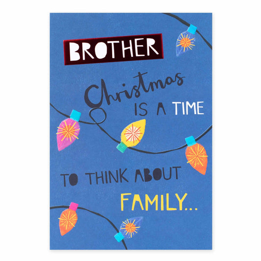 Hallmark Christmas card for brother - festive lights with colourful illustrations and red foil highlights on a blue background