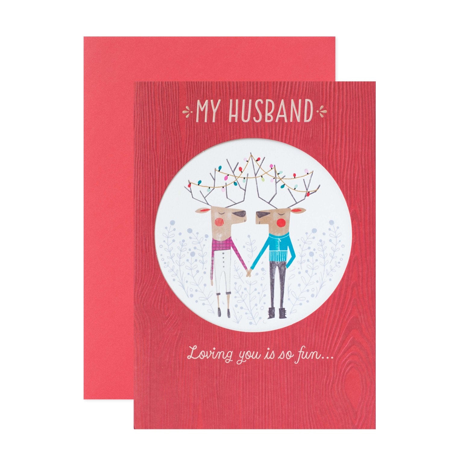 Hallmark Christmas card for husband - Love You Is Fun featuring reindeer illustration, embossed details, and red background.