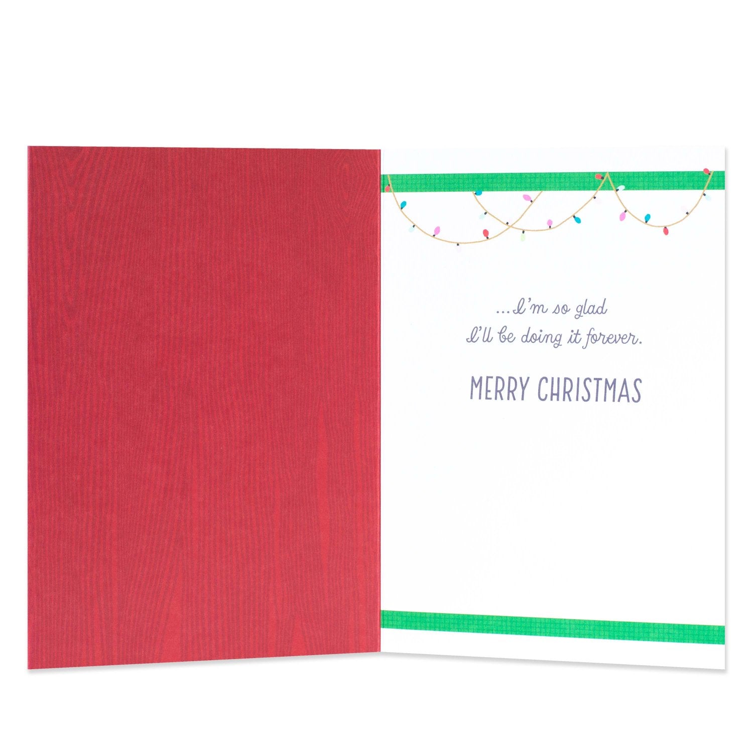 Hallmark Christmas card for husband - Love You Is Fun, open view showcasing red interior and festive illustrations with colourful Christmas lights.