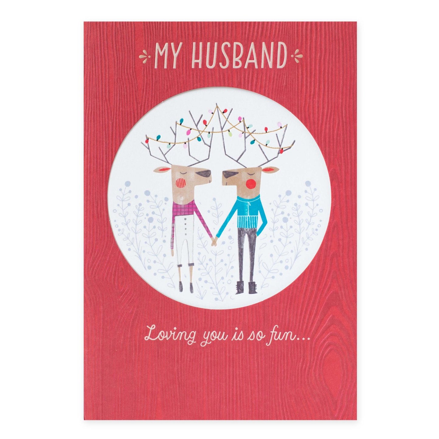 Hallmark Christmas Card For Husband - Love You Is Fun featuring reindeer holding hands with Christmas lights, embossed design on red background.