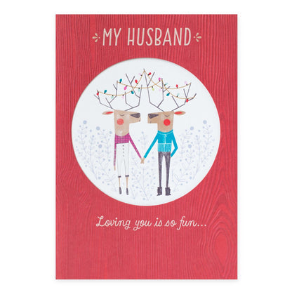Hallmark Christmas Card For Husband - Love You Is Fun featuring reindeer holding hands with Christmas lights, embossed design on red background.