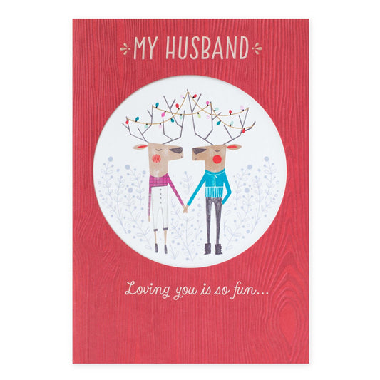 Hallmark Christmas Card For Husband - Love You Is Fun featuring reindeer holding hands with Christmas lights, embossed design on red background.