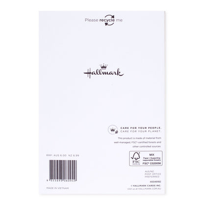 Hallmark Christmas card for husband - Love You Is Fun back view showing recycling message and brand details, informative design.