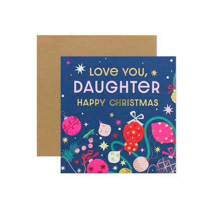Hallmark Christmas card for daughter - Enjoy Every Moment, featuring colourful baubles and stars on navy background, flat lay style.