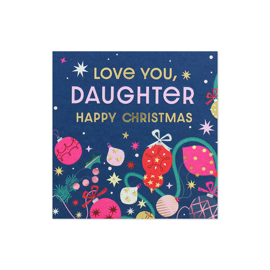 Hallmark Christmas card for daughter - Enjoy Every Moment, colourful design featuring baubles and stars on deep blue background.