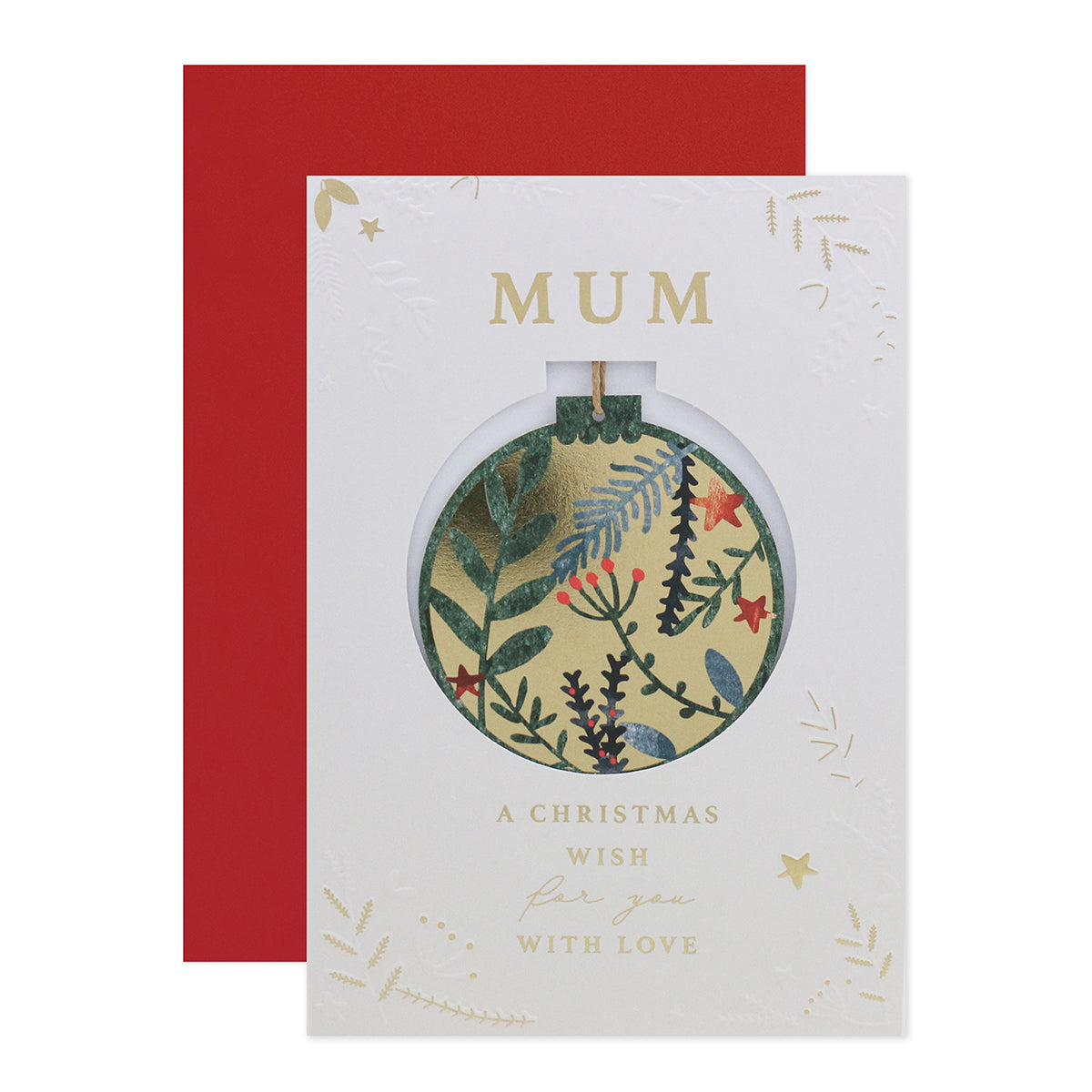 Hallmark Christmas card for Mum with detachable ornament, featuring floral designs and gold foil accents, flat lay on white background.