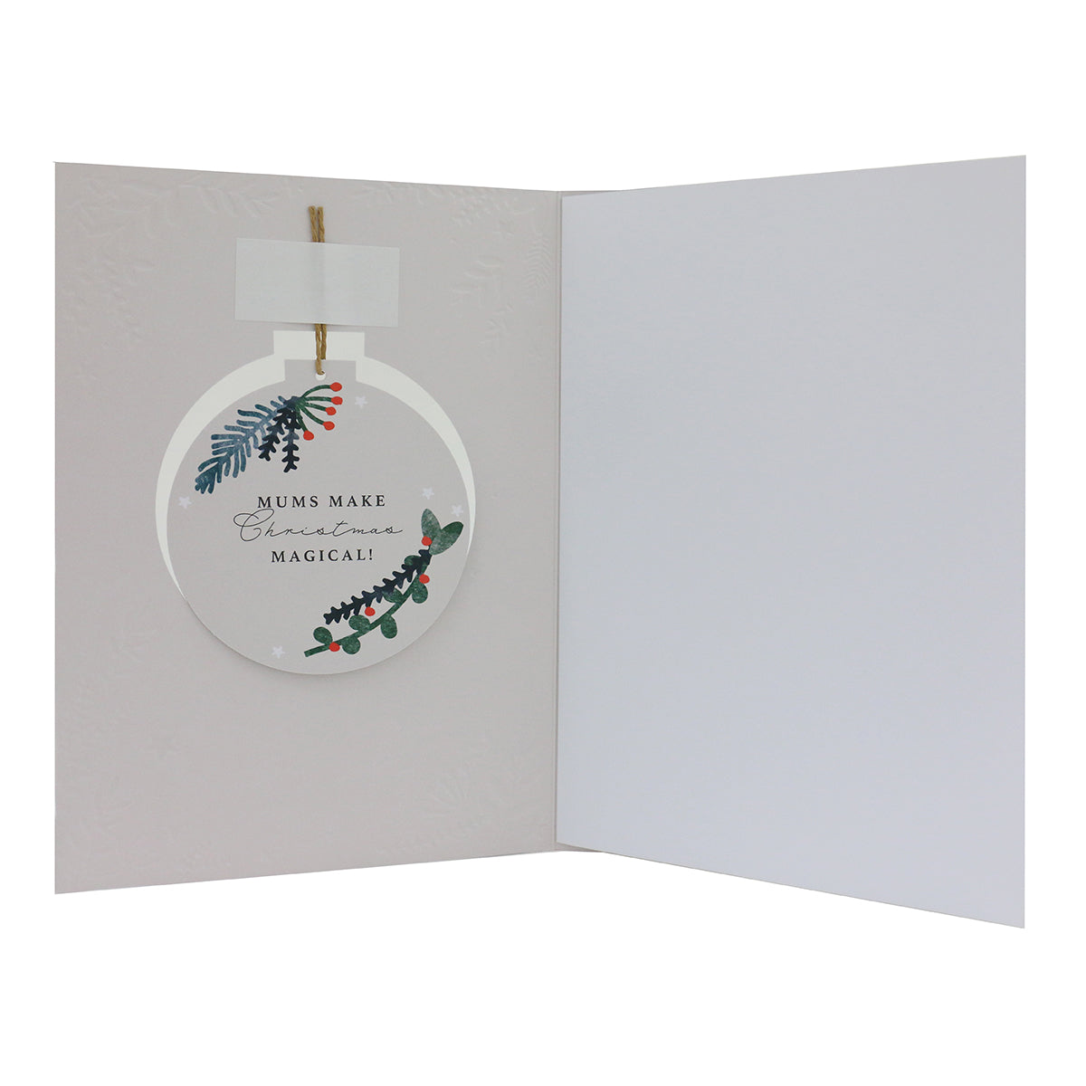 Hallmark Christmas card for Mum with detachable ornament, featuring festive illustrations and embossed details, open view.