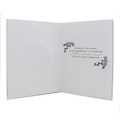 Hallmark Christmas card for Mum with detachable ornament - Happy Moments, interior view featuring festive message and elegant illustrations.