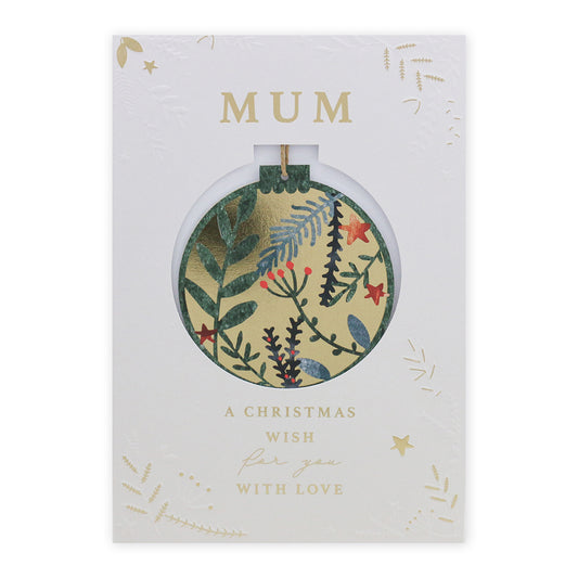 Hallmark Christmas card for Mum with detachable ornament, featuring embossed gold foil and delicate floral illustrations, flat lay view.