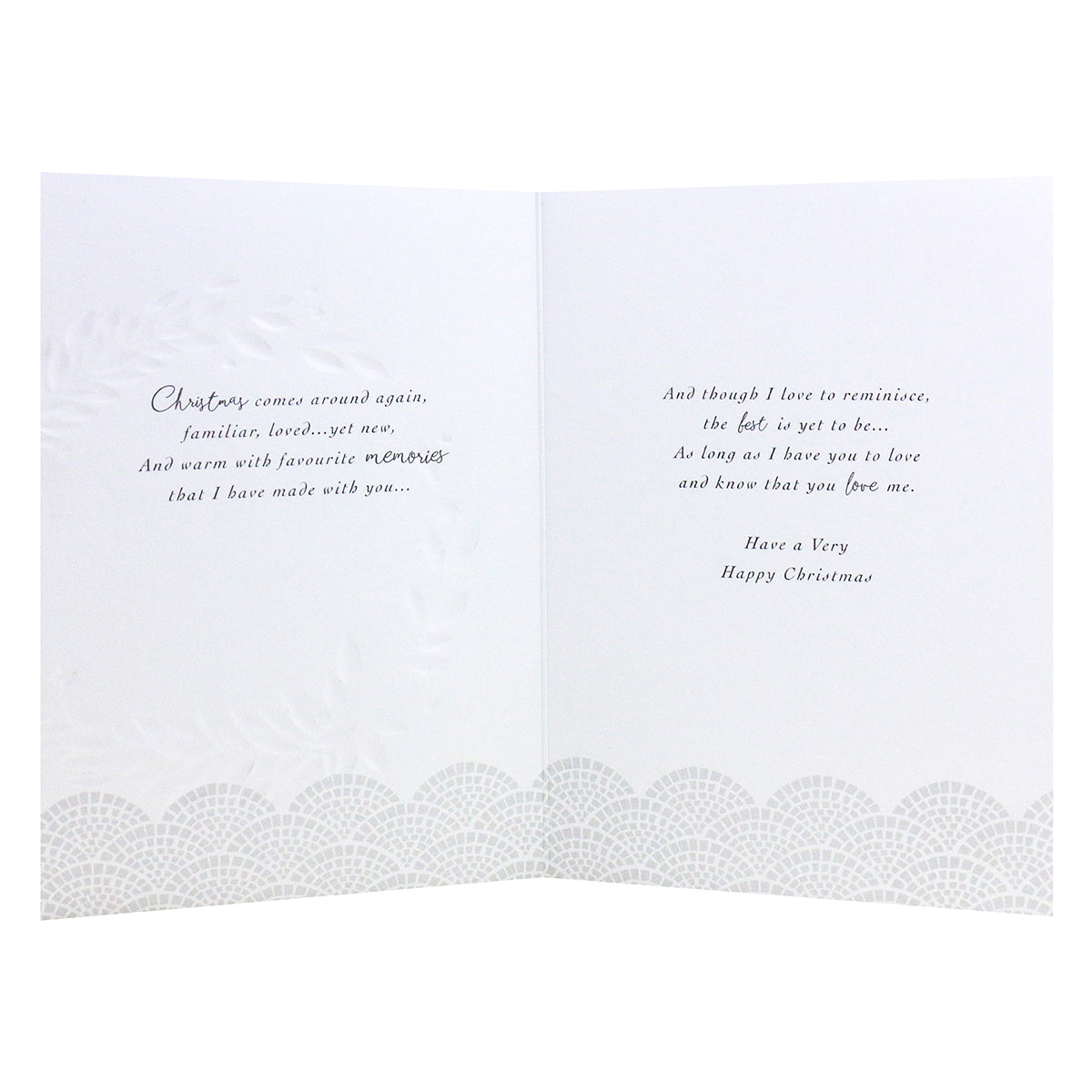 Hallmark Christmas Card For Husband - The Love We Share, opened interior view with embossed design and heartfelt message.