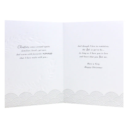 Hallmark Christmas Card For Husband - The Love We Share, opened interior view with embossed design and heartfelt message.