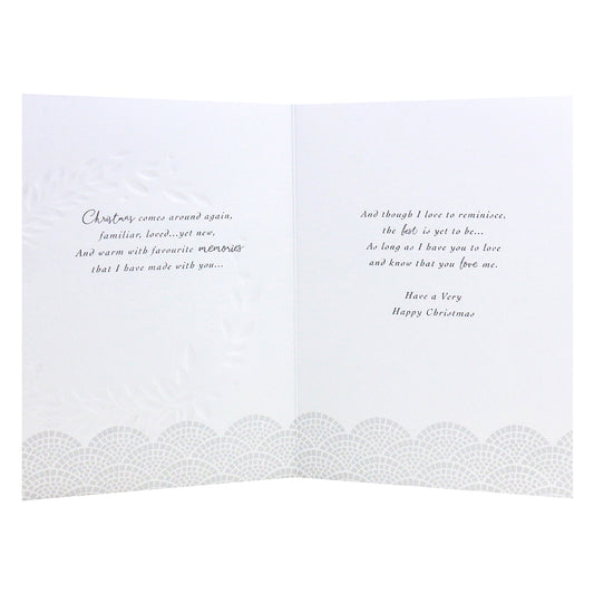 Hallmark Christmas Card For Husband - The Love We Share, opened interior view with embossed design and heartfelt message.
