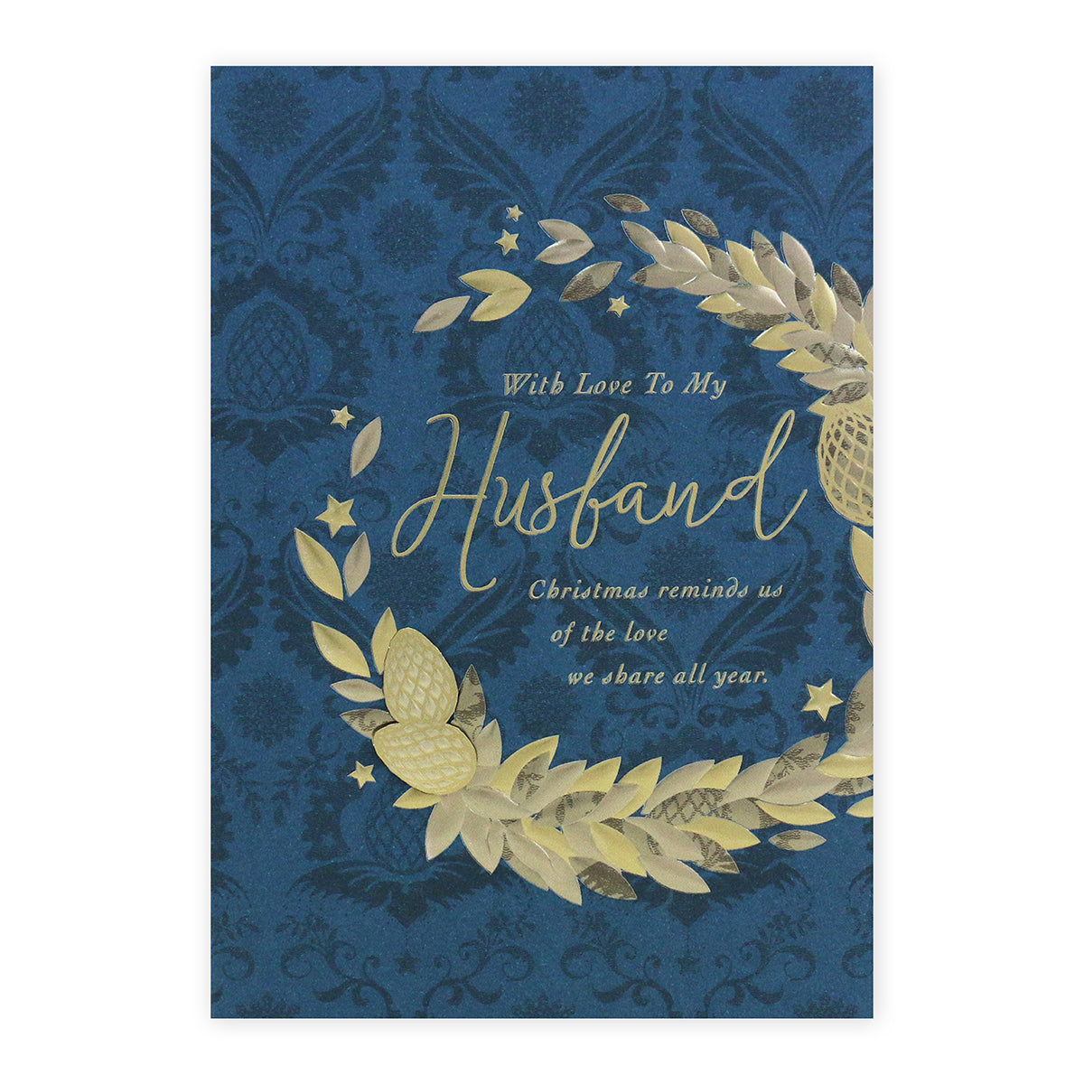 Hallmark Christmas card for husband - The Love We Share featuring embossed gold foil and a wreath design on a baroque background.