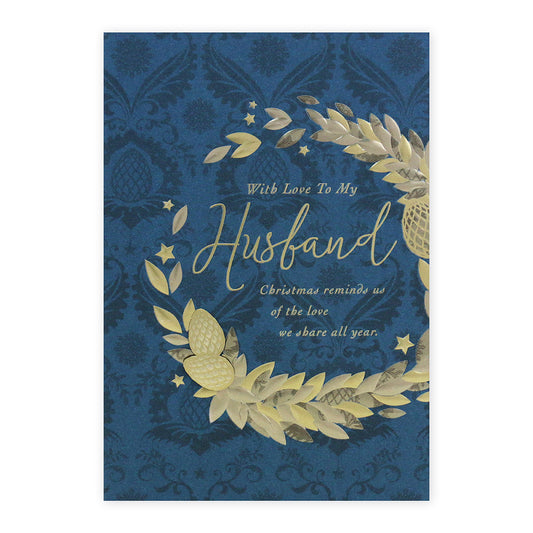 Hallmark Christmas card for husband - The Love We Share featuring embossed gold foil and a wreath design on a baroque background.