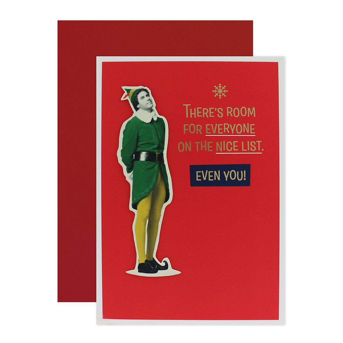 Hallmark Elf Christmas Card - Nice List featuring 3D Buddy illustration, red background, and bold festive message.
